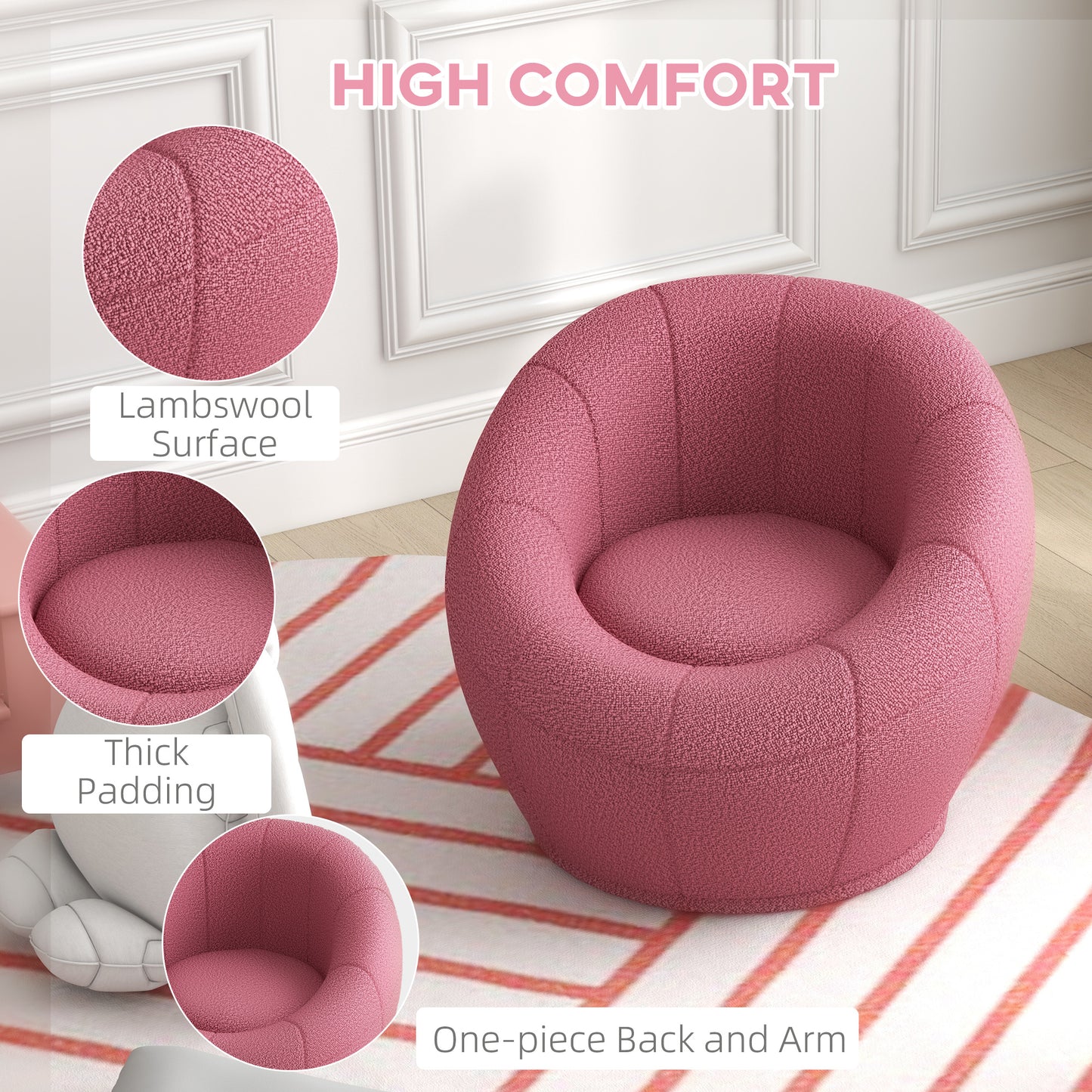 HOMCOM odern Accent Chair, Swivel Upholstered Armchair for Living Room, Bedroom, Home Office, Pink