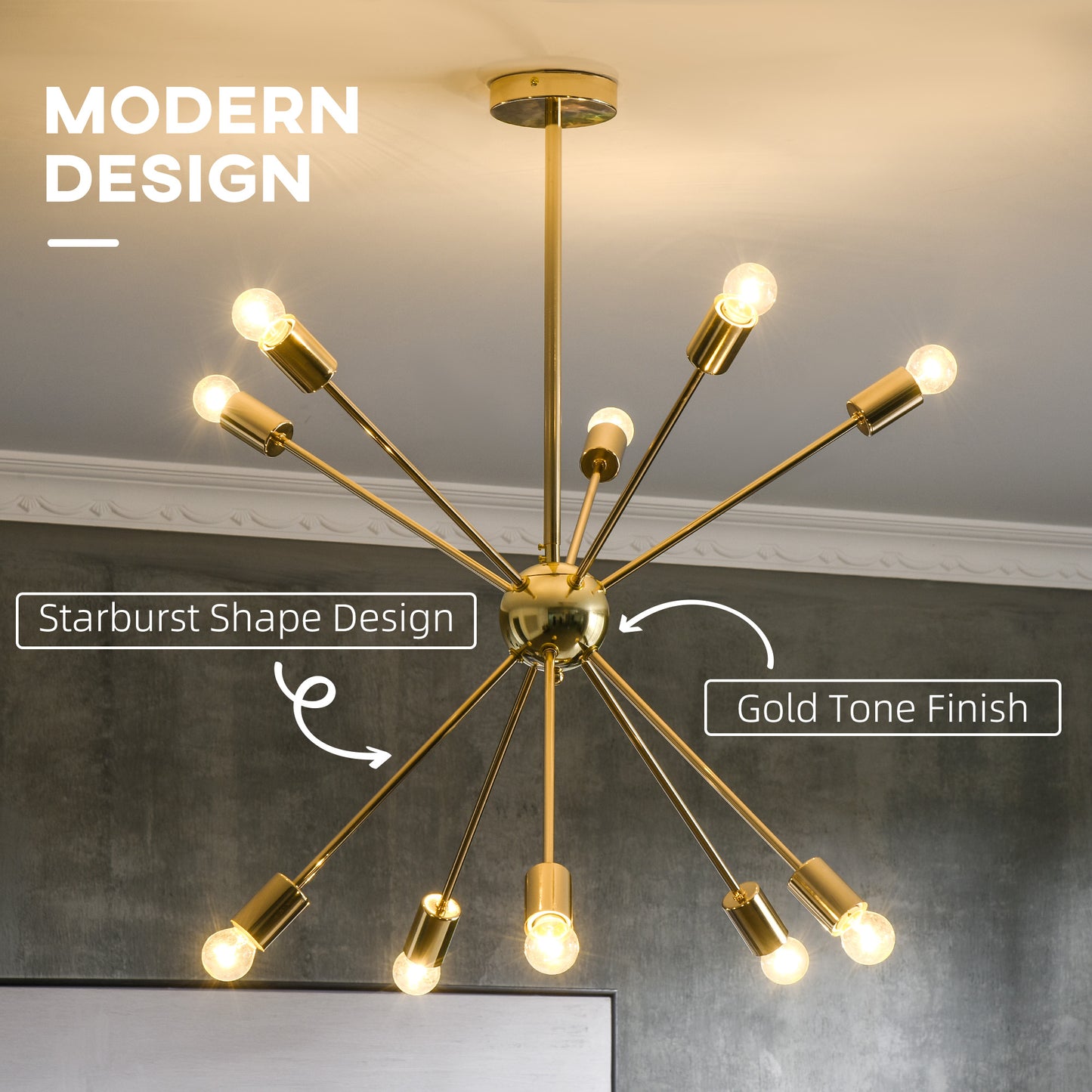 HOMCOM odern Sputnik Ceiling Lights, 10-Light Chandelier for Bedroom Living Room with E27 Base, Gold Tone