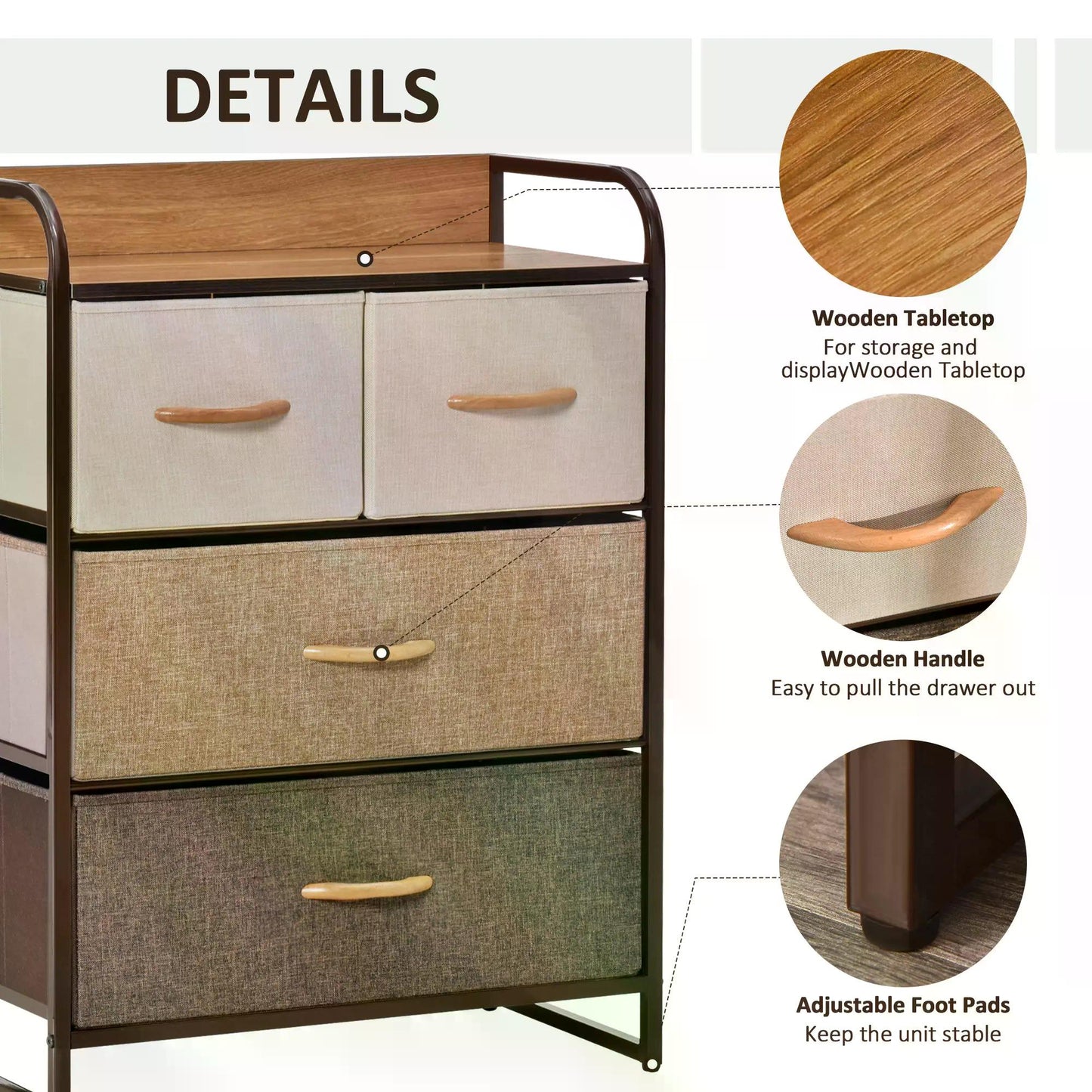 HOMCOM -Drawer Dresser, 3-Tier Storage Organizer, Tower Unit for Bedroom Hallway Closets with Steel Frame Wooden Top