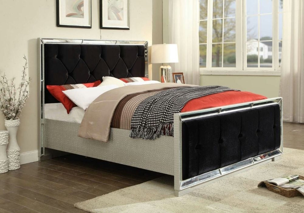 Sofia Mirrored and Black Fabric Bed - Nestium