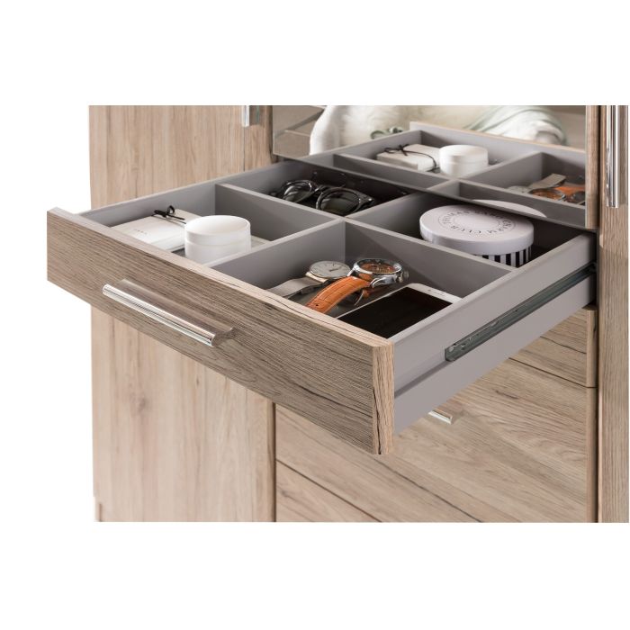 Modern Oak 4 Door Wardrobe with Mirror and Ample Storage - 4 Drawers and Hanging Rails