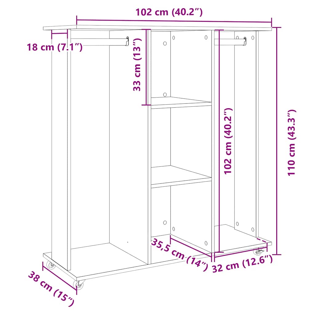 Wardrobe With Wheels Grey Sonoma | Sliding | Engineered Wood | 2 Doors | 102cm