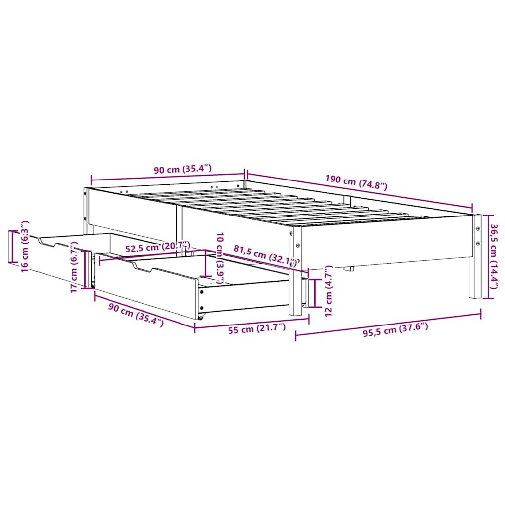 Bed Frame Without Mattress 90X190 Cm Single Solid Wood Pine