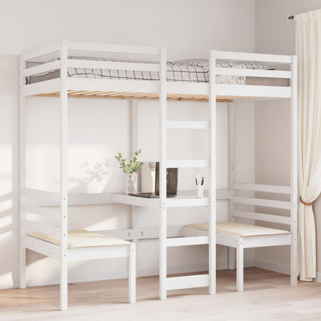 Loft Bed Frame With Desk And Chairs White 90X200Cm Solid Wood Pine