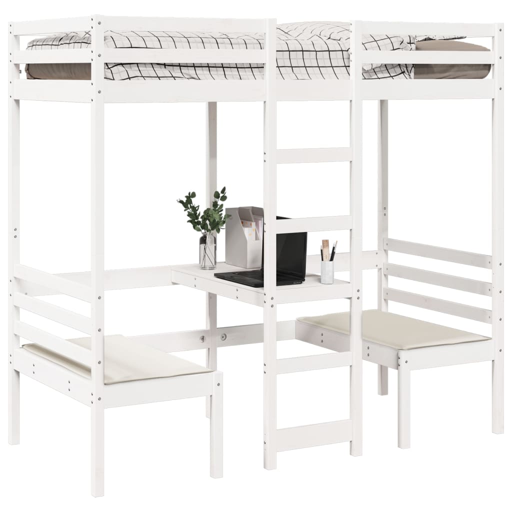 Loft Bed Frame With Desk And Chairs White 90X200Cm Solid Wood Pine