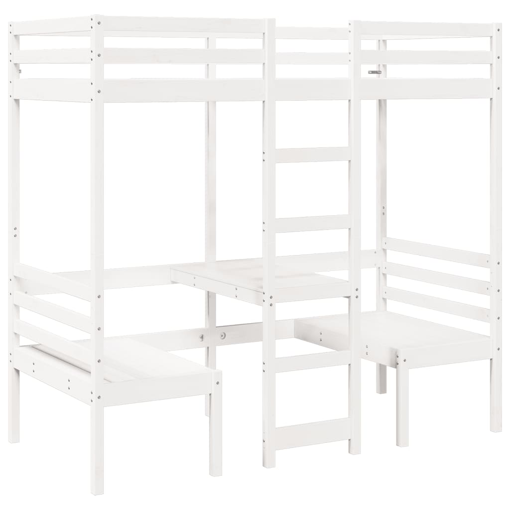 Loft Bed Frame With Desk And Chairs White 90X200Cm Solid Wood Pine