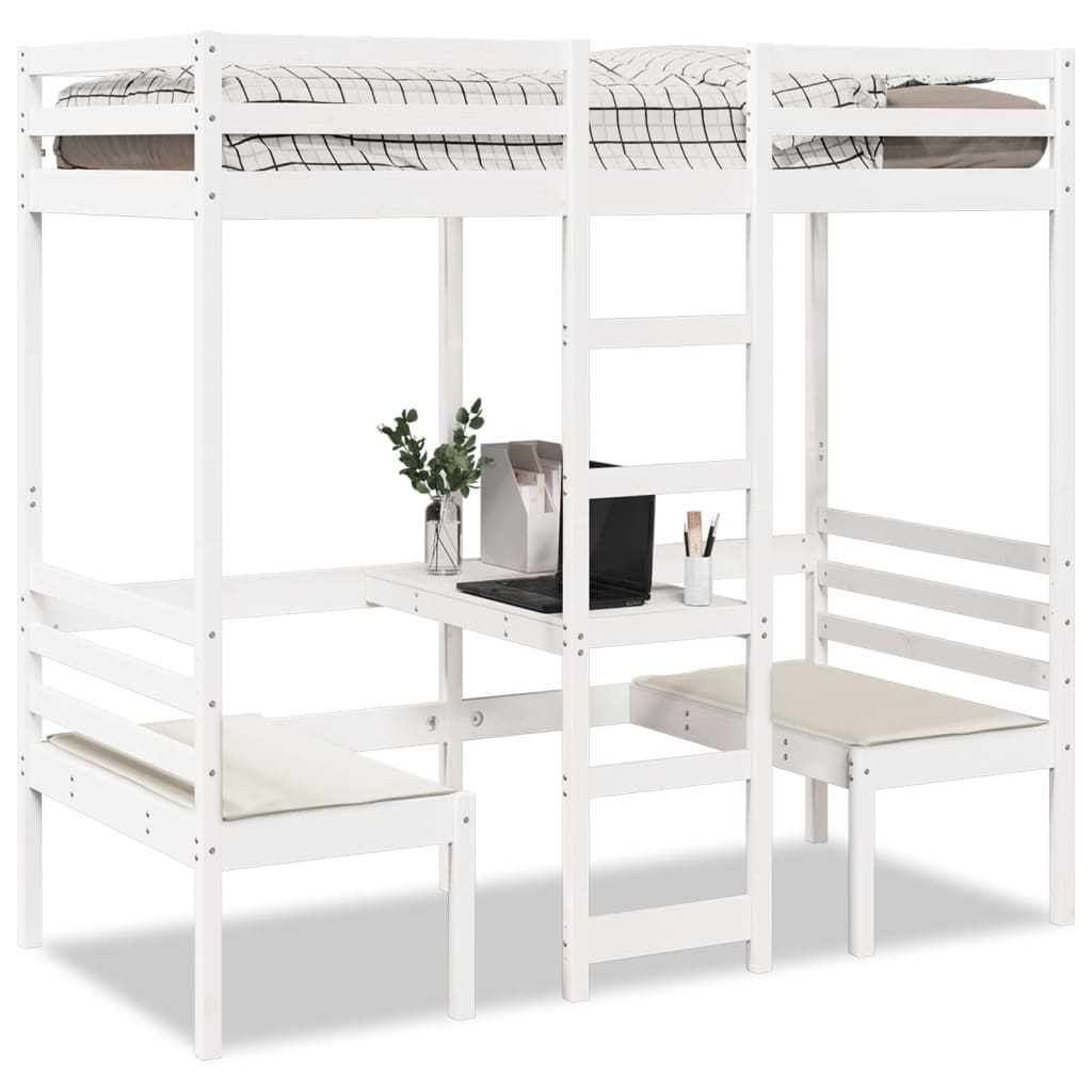 Loft Bed Frame With Desk And Chairs White 90X200Cm Solid Wood Pine