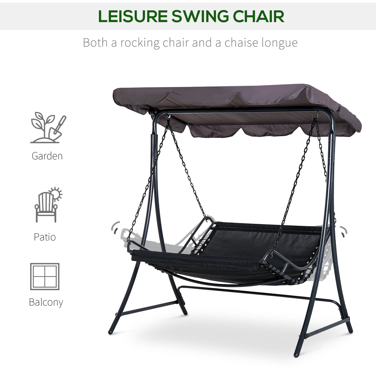 Outsunny 2 Seater Garden Swing Seat Bed, Sun Lounger with Adjustable Canopy, Cushioned Seat and Weather Resistant Steel Frame for Patio, Yard, Grey