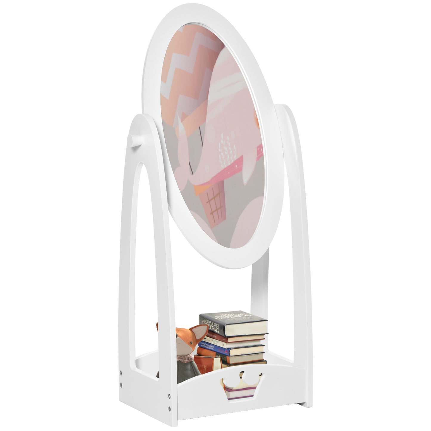 HOMCOM ree Standing Full Length Mirror, Child's Dressing Mirror with storage shelf, Children's White Bedroom Furniture 360° Rotation MDF, For 3- 8 Years Old, 40L x 30W x 104H cm