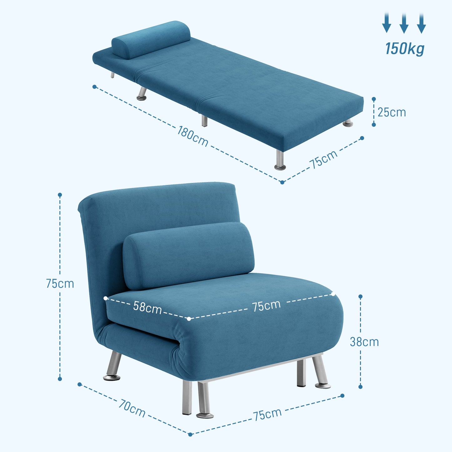 HOMCOM ingle Sofa Bed, 1 Person Sleeper Foldable Lounge with Pillow, Blue