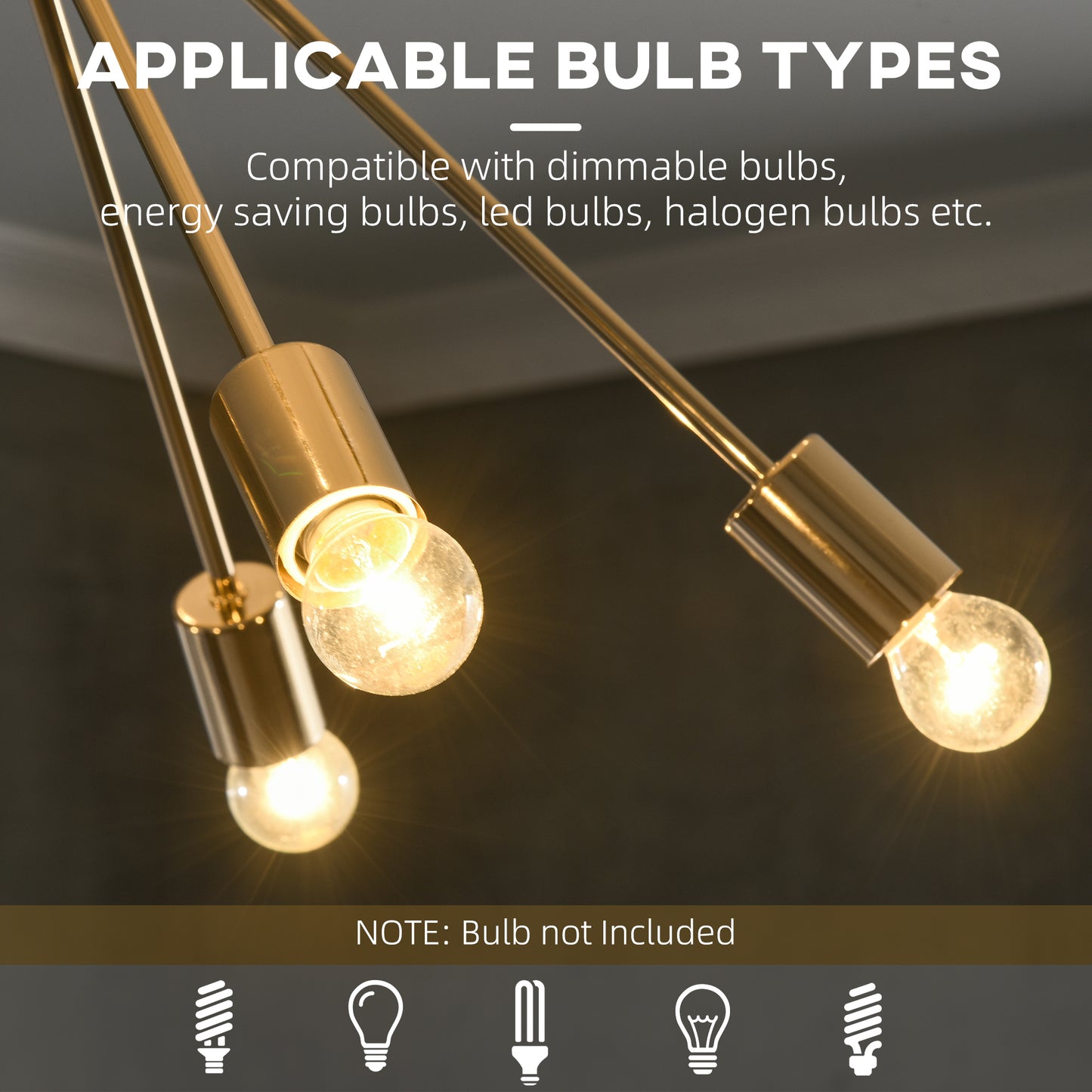 HOMCOM odern Sputnik Ceiling Lights, 10-Light Chandelier for Bedroom Living Room with E27 Base, Gold Tone