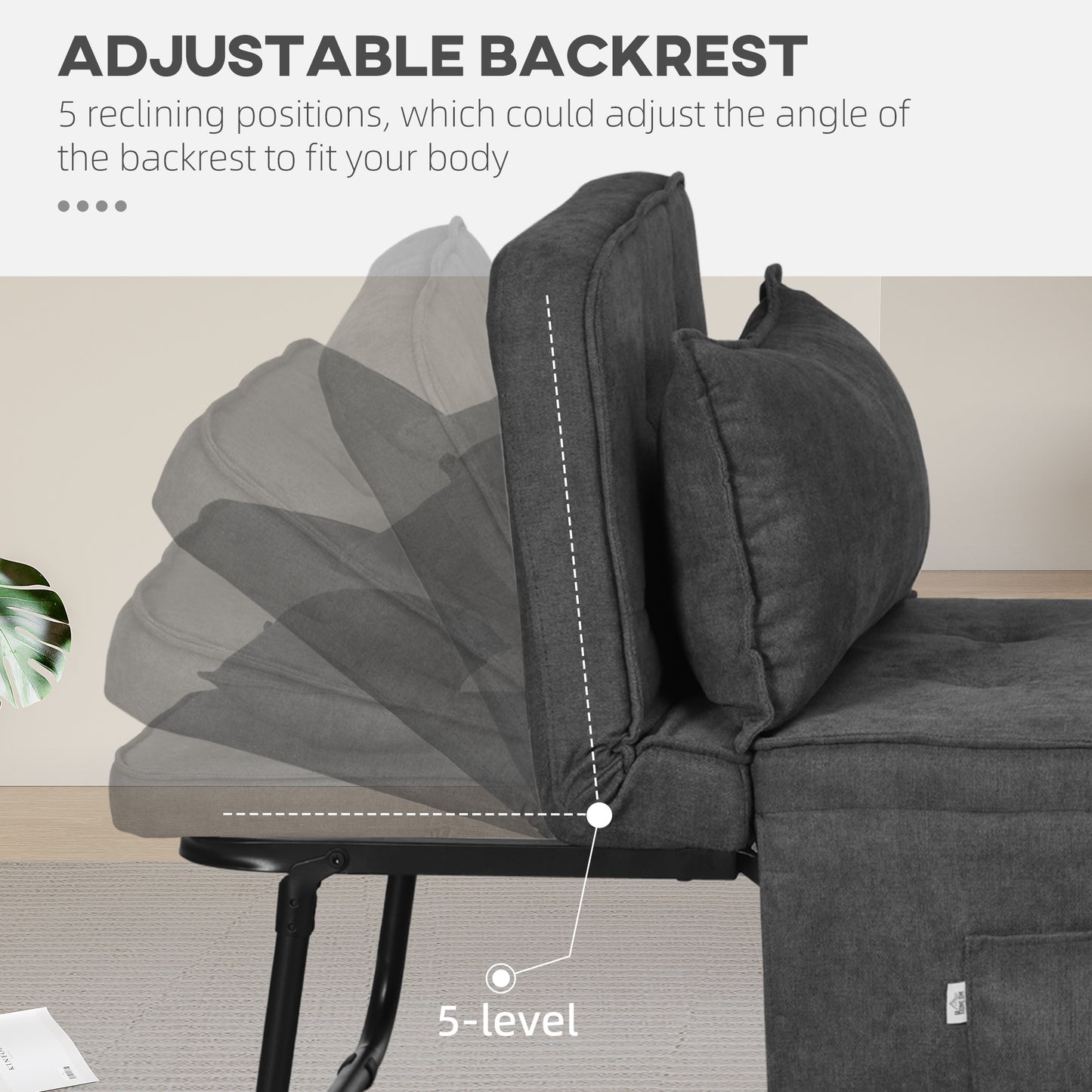 HOMCOM abric Sleeper Chair, Folding Chair Bed with Adjustable Backrest, Pillow, Side Pockets for Living Room, Charcoal Grey
