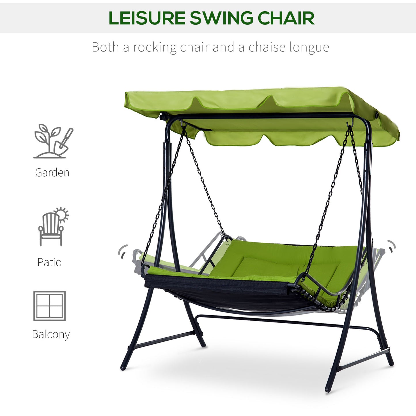 Outsunny 2 Seater Garden Swing Seat Bed, Sun Lounger with Adjustable Canopy, Cushioned Seat and Weather Resistant Steel Frame for Patio, Yard, Green