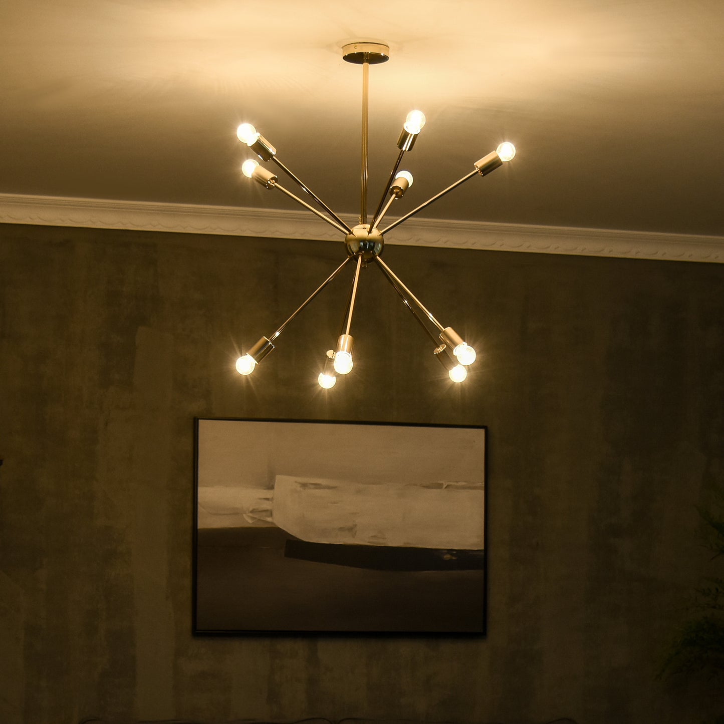 HOMCOM odern Sputnik Ceiling Lights, 10-Light Chandelier for Bedroom Living Room with E27 Base, Gold Tone