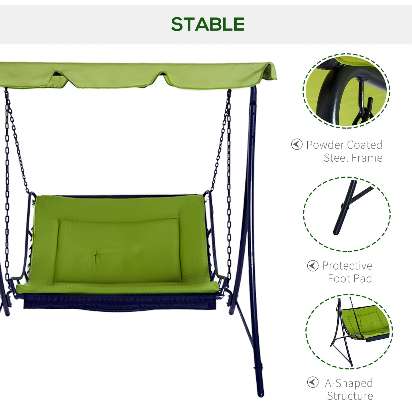 Outsunny 2 Seater Garden Swing Seat Bed, Sun Lounger with Adjustable Canopy, Cushioned Seat and Weather Resistant Steel Frame for Patio, Yard, Green
