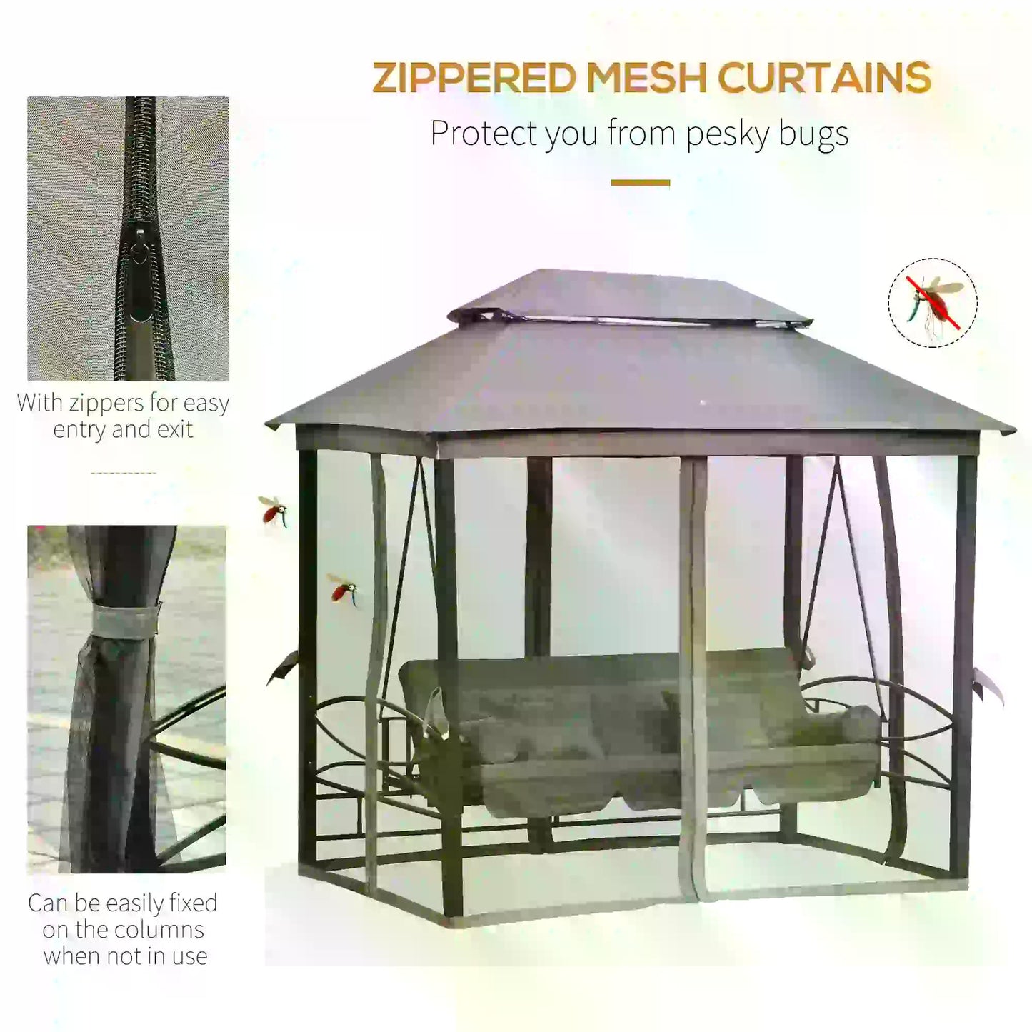 Outsunny 3 Seater Swing Chair 3-in-1 Convertible Garden Swing Seat Bed Gazebo Patio Bench Outdoor with Double Tier Canopy, Cushioned Seat, Mesh Sidewalls, Grey