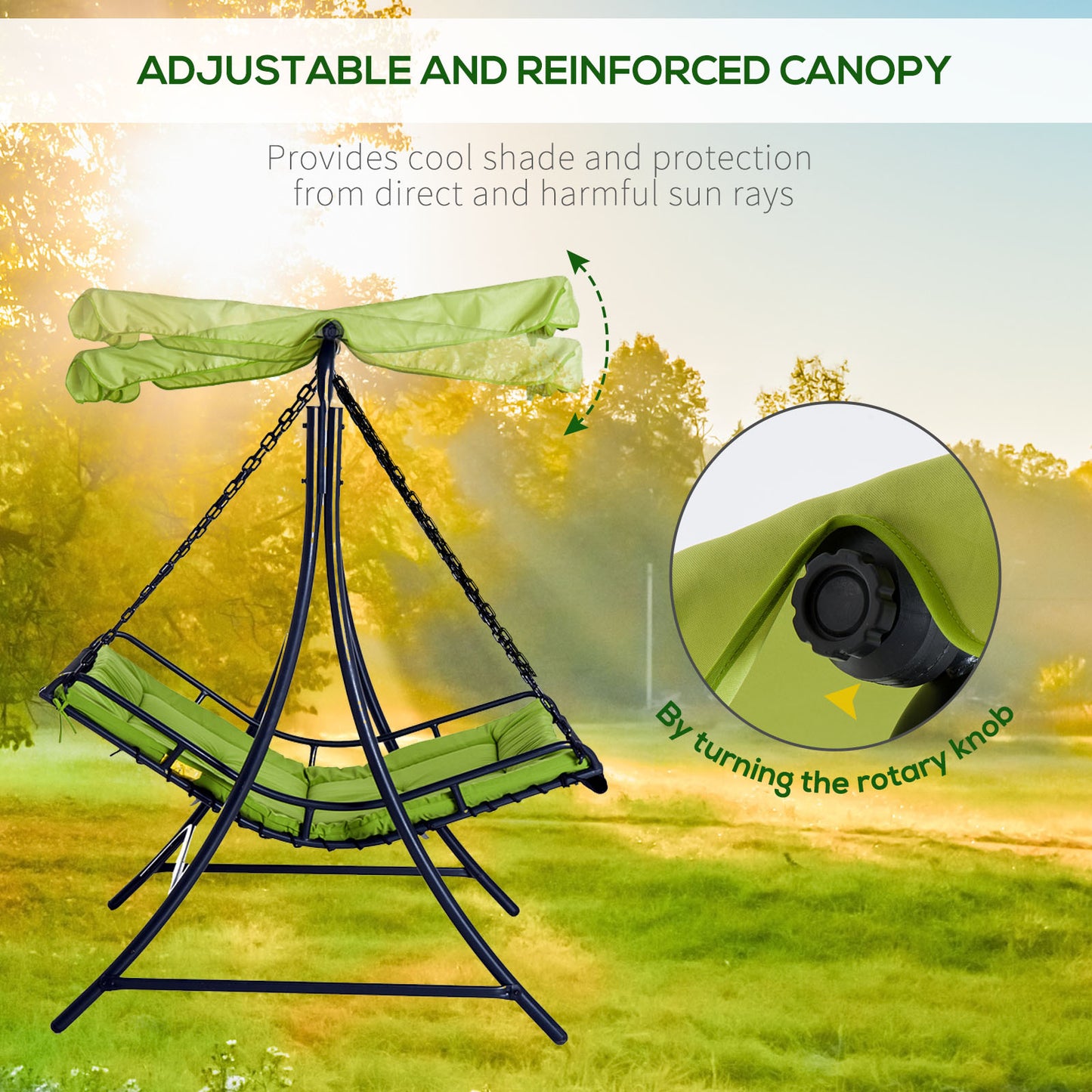 Outsunny 2 Seater Garden Swing Seat Bed, Sun Lounger with Adjustable Canopy, Cushioned Seat and Weather Resistant Steel Frame for Patio, Yard, Green