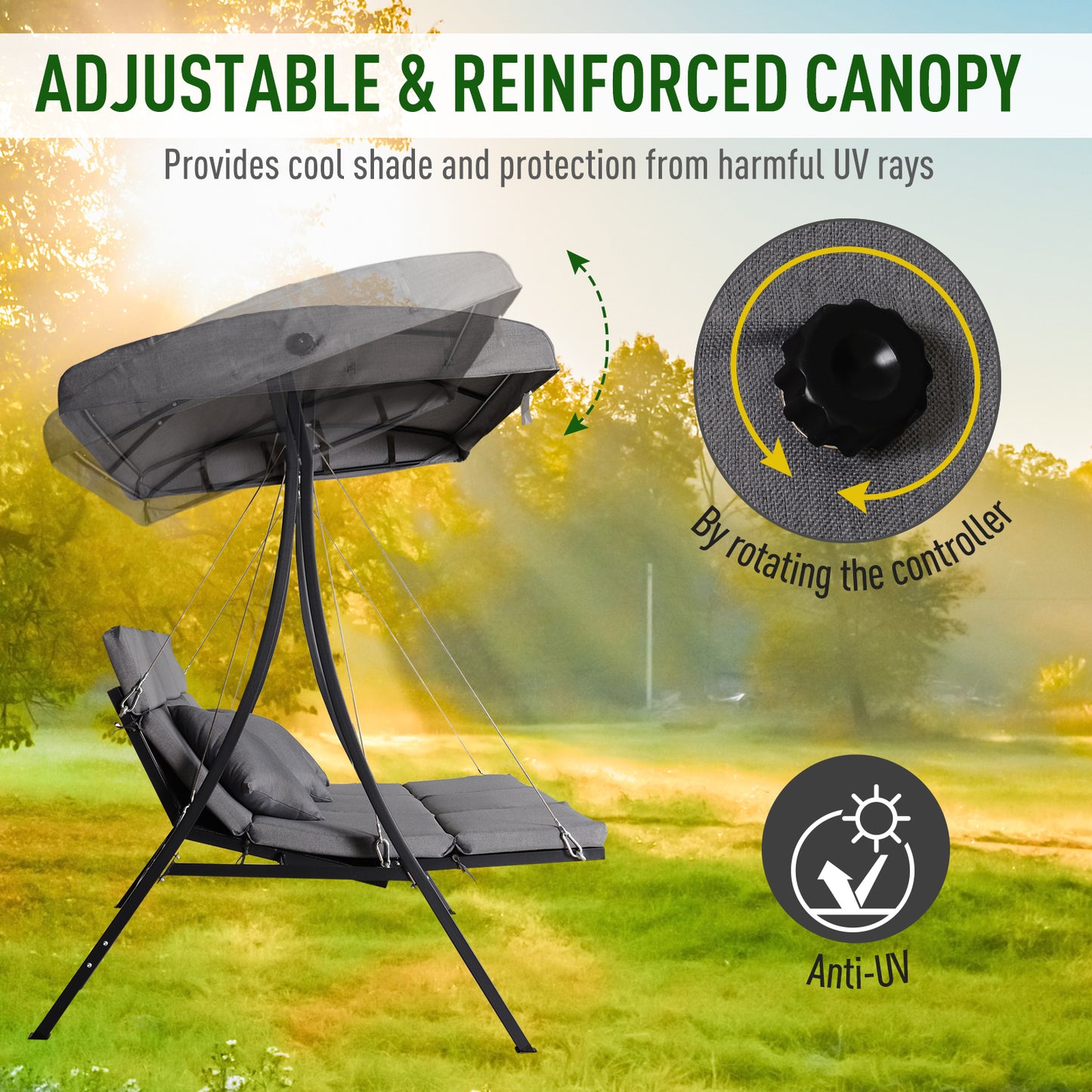Outsunny 3 Seater Garden Swing Seat Outdoor Swing Chairs Chaise Lounge Padded Seat Hammock Canopy Porch Patio Bench Bed Recliner Sun Lounger - Grey