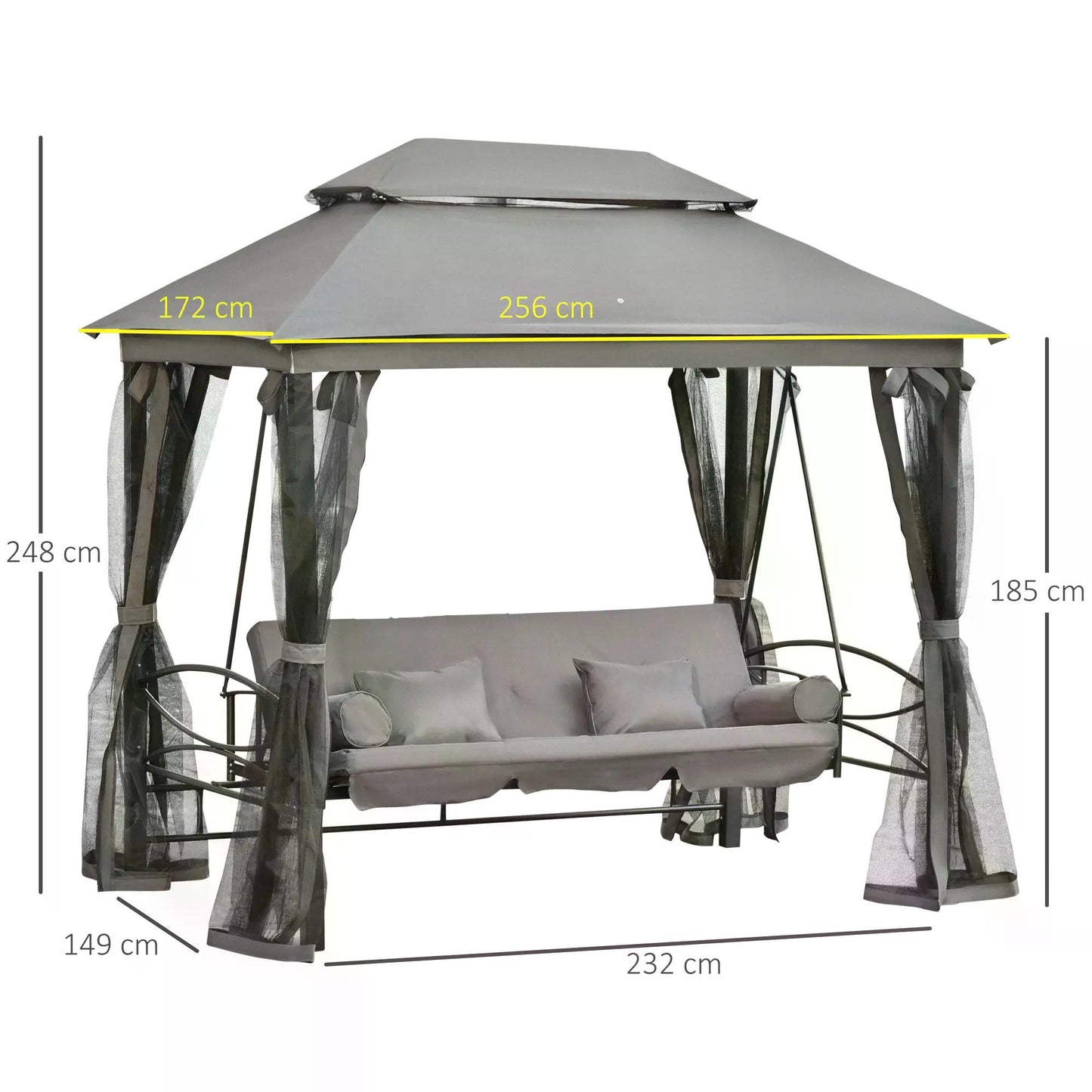 Outsunny 3 Seater Swing Chair 3-in-1 Convertible Garden Swing Seat Bed Gazebo Patio Bench Outdoor with Double Tier Canopy, Cushioned Seat, Mesh Sidewalls, Grey