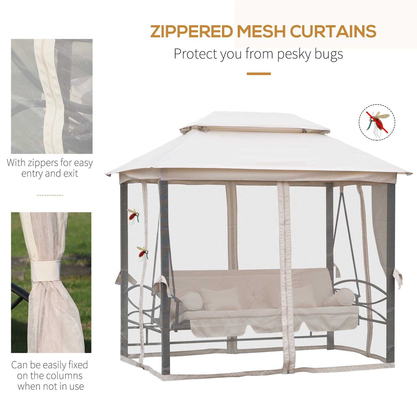 Outsunny 2-in-1 Convertible Gazebo Swing Chair Bed W/Netting, 245Lx165Wx243H cm-Beige/Black