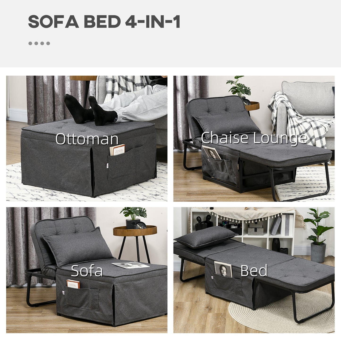 HOMCOM abric Sleeper Chair, Folding Chair Bed with Adjustable Backrest, Pillow, Side Pockets for Living Room, Charcoal Grey