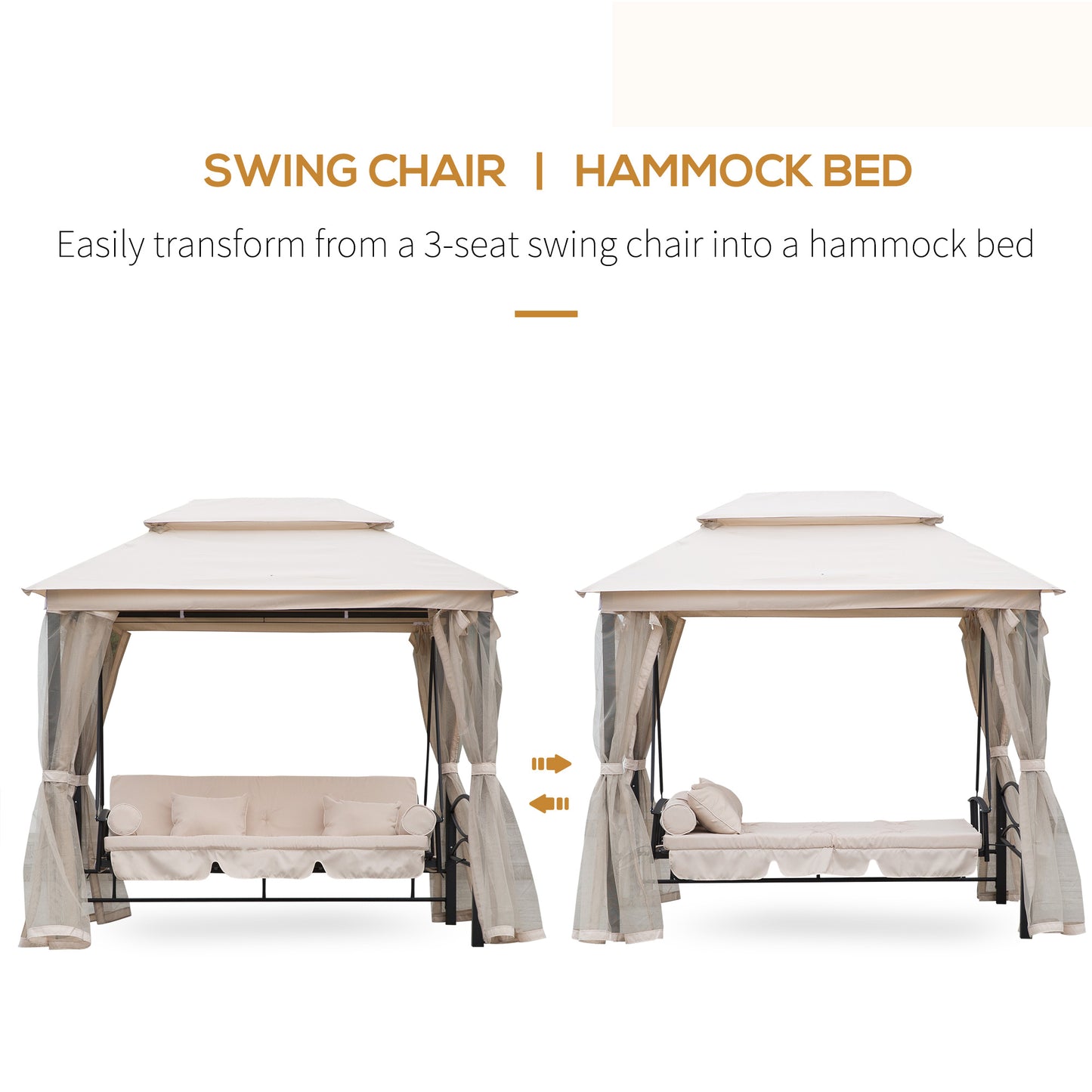 Outsunny 2-in-1 Convertible Gazebo Swing Chair Bed W/Netting, 245Lx165Wx243H cm-Beige/Black