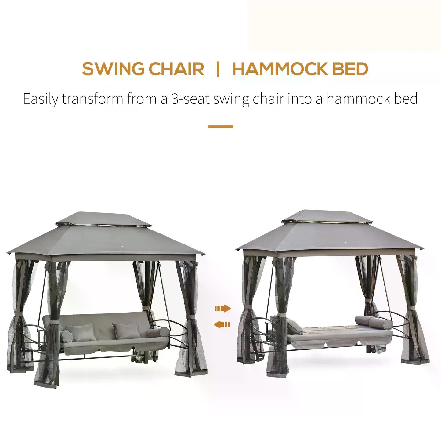 Outsunny 3 Seater Swing Chair 3-in-1 Convertible Garden Swing Seat Bed Gazebo Patio Bench Outdoor with Double Tier Canopy, Cushioned Seat, Mesh Sidewalls, Grey