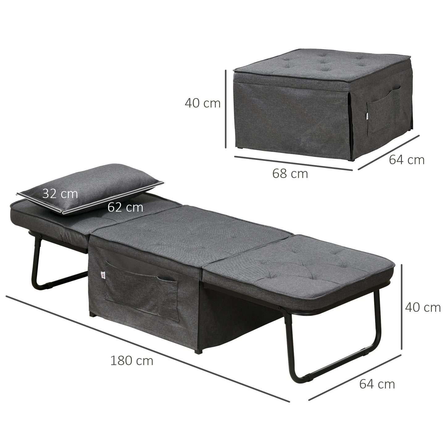 HOMCOM abric Sleeper Chair, Folding Chair Bed with Adjustable Backrest, Pillow, Side Pockets for Living Room, Charcoal Grey