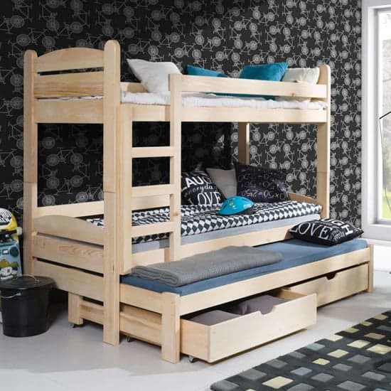 Pine Wooden Bunk Bed with Trundle and Storage Drawers for Kids