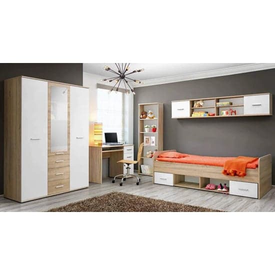 Kids Single Bed with Storage Drawers in Matt White and Sonoma Oak Finish
