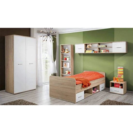 Kids Single Bed with Storage Drawers in Matt White and Sonoma Oak Finish