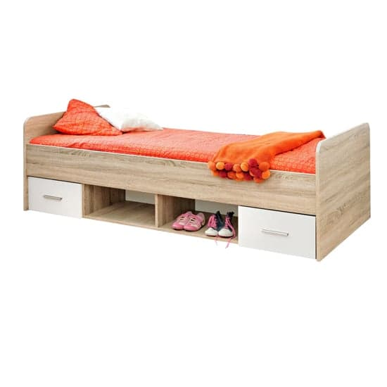 Kids Single Bed with Storage Drawers in Matt White and Sonoma Oak Finish