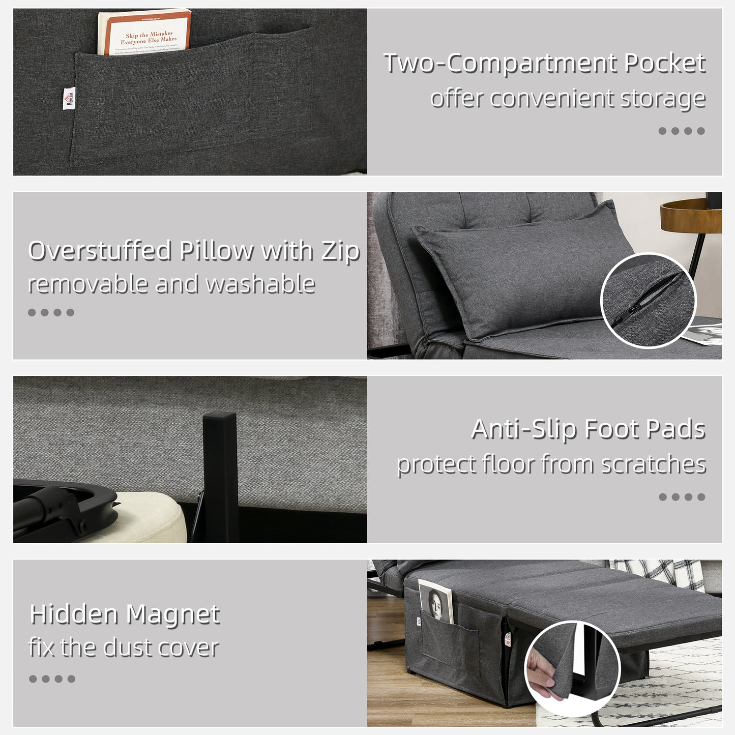 HOMCOM abric Sleeper Chair, Folding Chair Bed with Adjustable Backrest, Pillow, Side Pockets for Living Room, Charcoal Grey