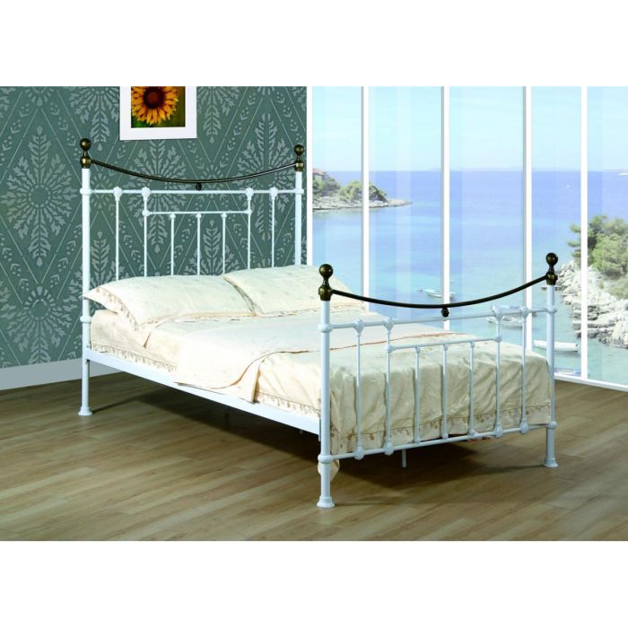 Builth White Metal Bed High Look Headboard in Antique Brass - Double 4ft6 - Nestium