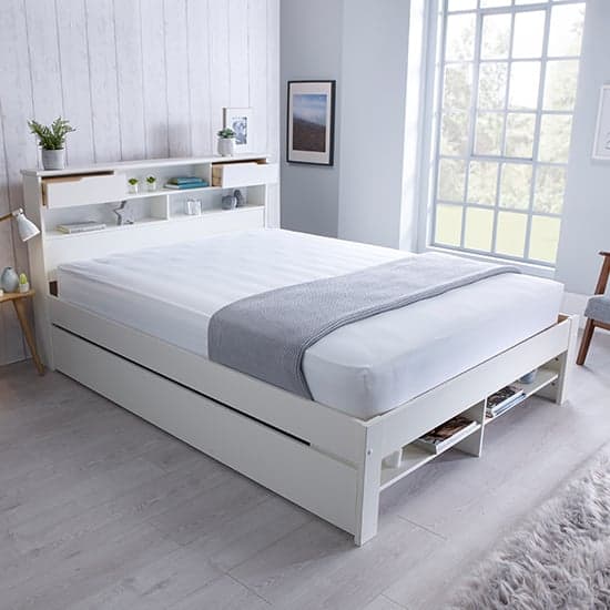 White Solid Pine King Size Bed with Storage Headboard and Foot End