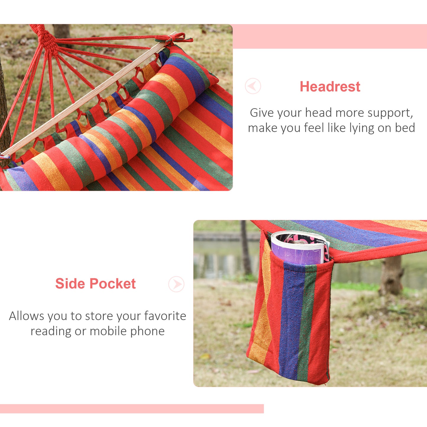 Outsunny Cotton Hammock Soft Portable Swing Sleeping w/ Headrest & Side Pocket Deluxe Swing Chair for Beach, Yard, Bedroom, Patio, Porch, Indoor, Outdoor?270 x 80 cm