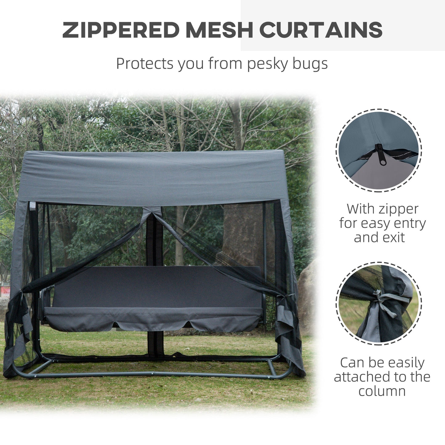 Outsunny Swing Chair Lounger Bed, 3 Persons, Convertible-Grey