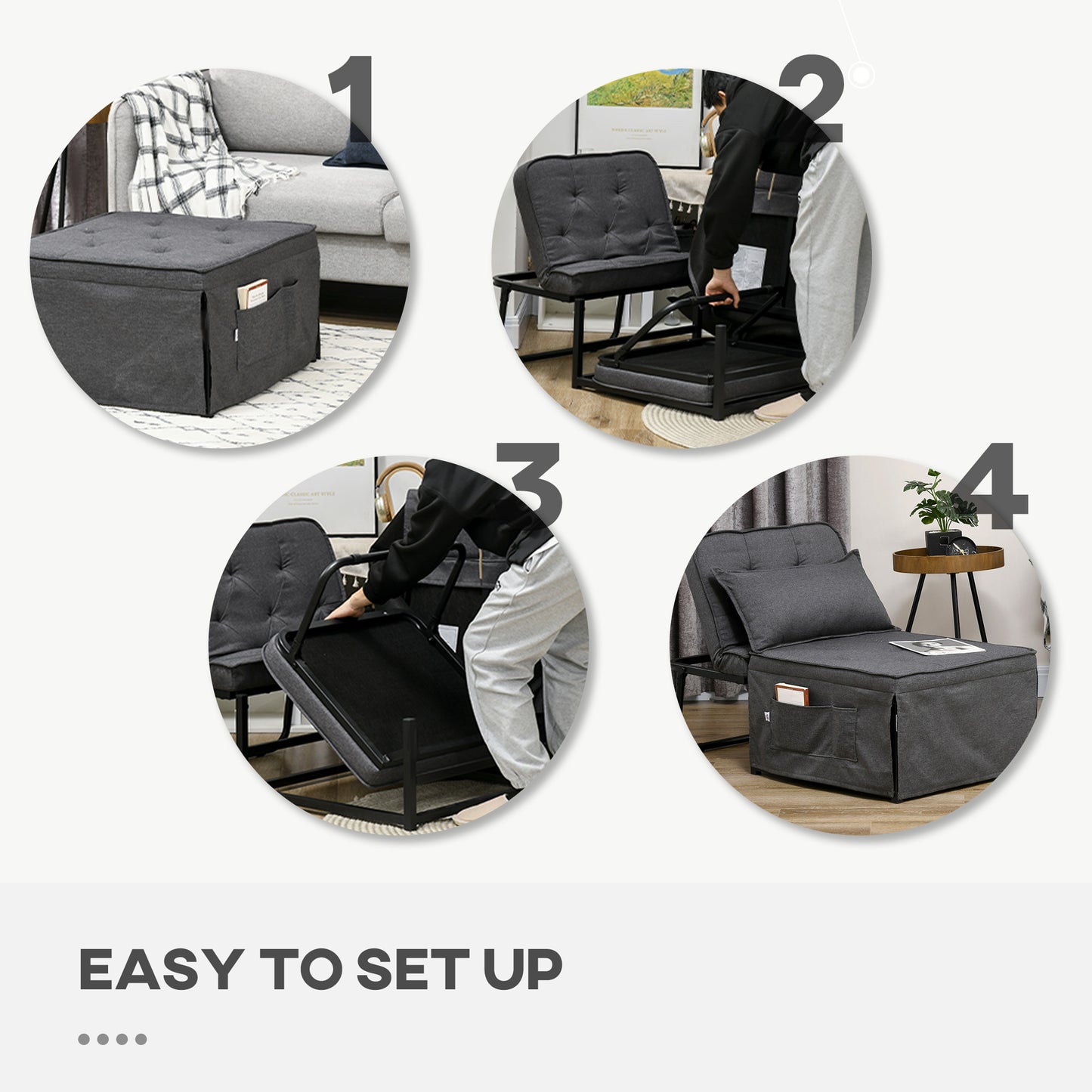 HOMCOM abric Sleeper Chair, Folding Chair Bed with Adjustable Backrest, Pillow, Side Pockets for Living Room, Charcoal Grey