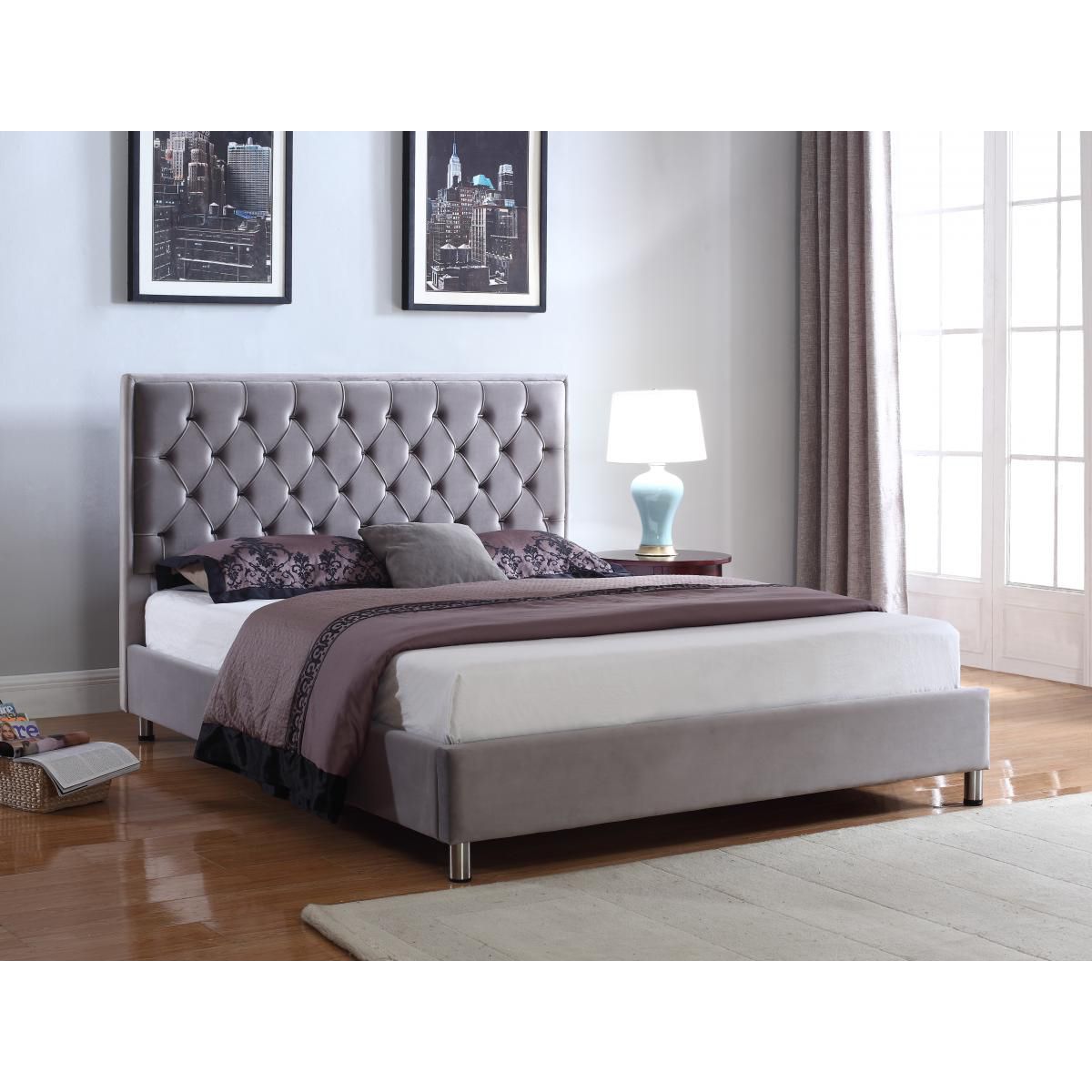 Dawlish King Size Velvet Bed in Light Grey with Chic Dark Grey Headboard - Stylish Comfort - Nestium