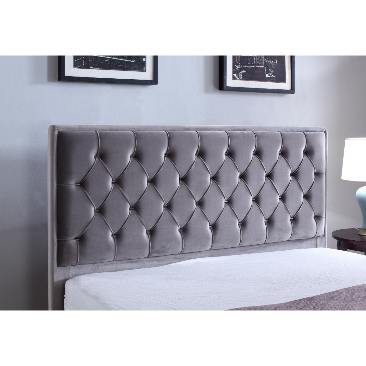 Dawlish King Size Velvet Bed in Light Grey with Chic Dark Grey Headboard - Stylish Comfort - Nestium