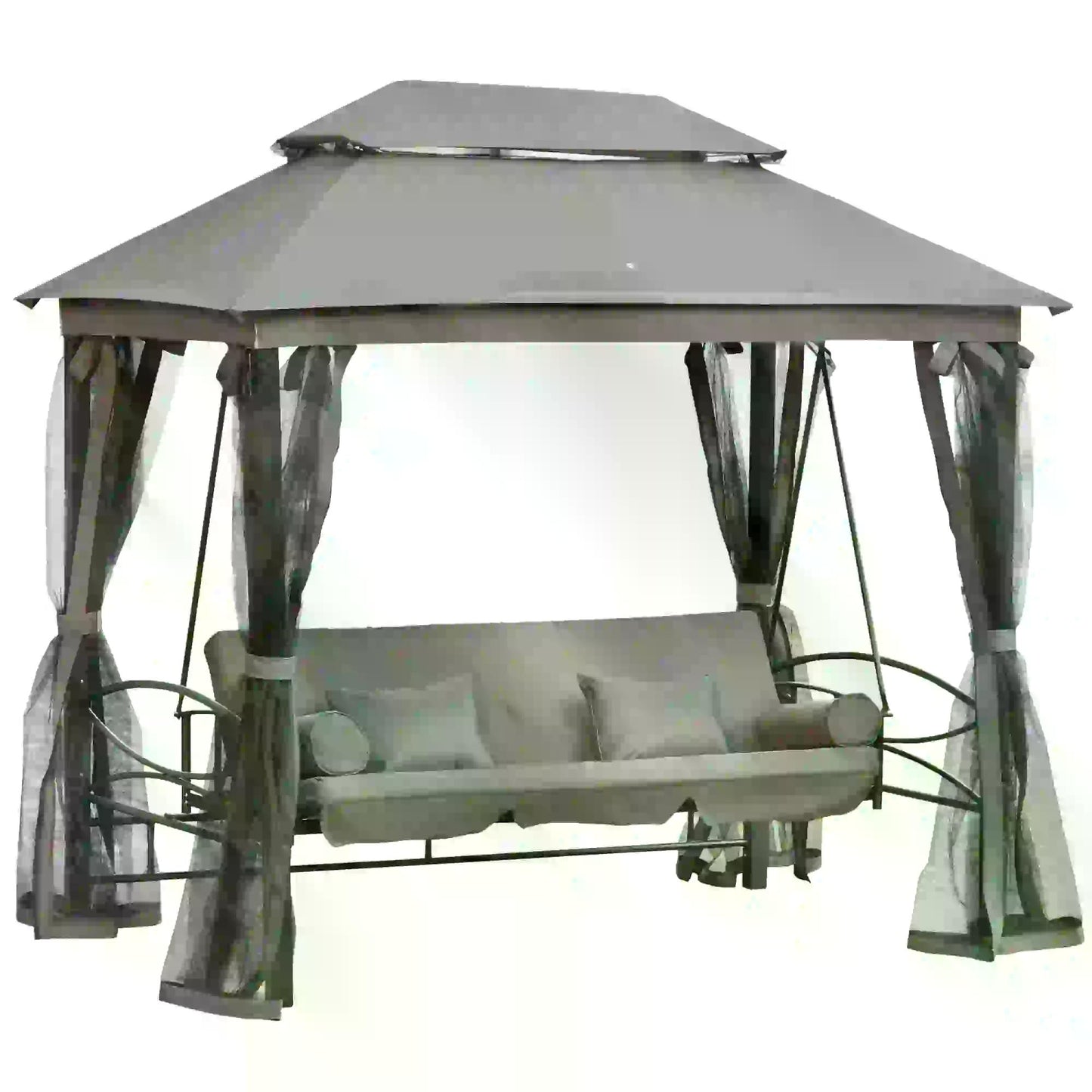 Outsunny 3 Seater Swing Chair 3-in-1 Convertible Garden Swing Seat Bed Gazebo Patio Bench Outdoor with Double Tier Canopy, Cushioned Seat, Mesh Sidewalls, Grey