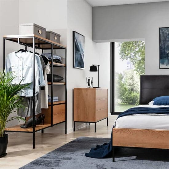 Lowell Caramel Oak Open Wardrobe with Storage Solutions and Metal Legs
