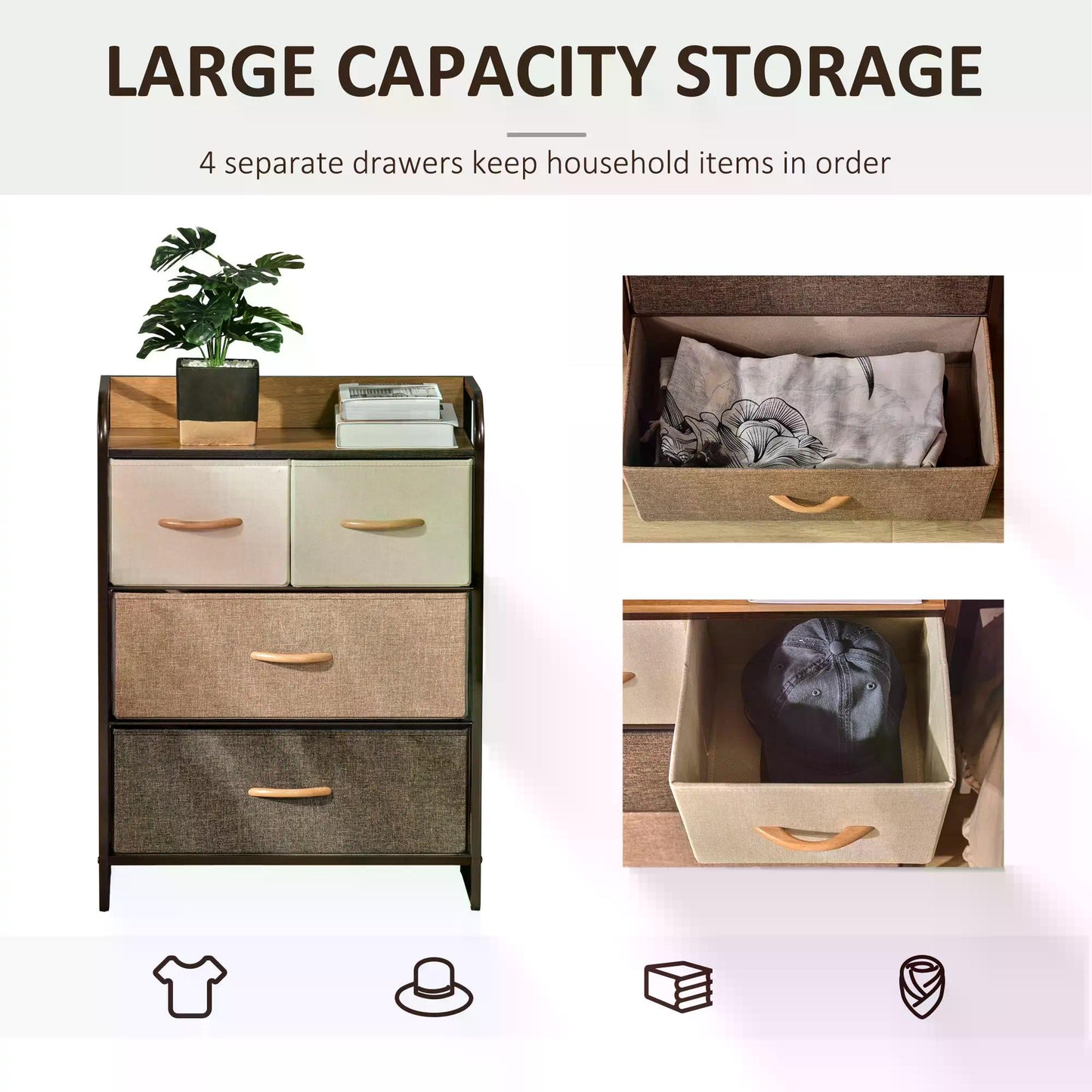 HOMCOM -Drawer Dresser, 3-Tier Storage Organizer, Tower Unit for Bedroom Hallway Closets with Steel Frame Wooden Top