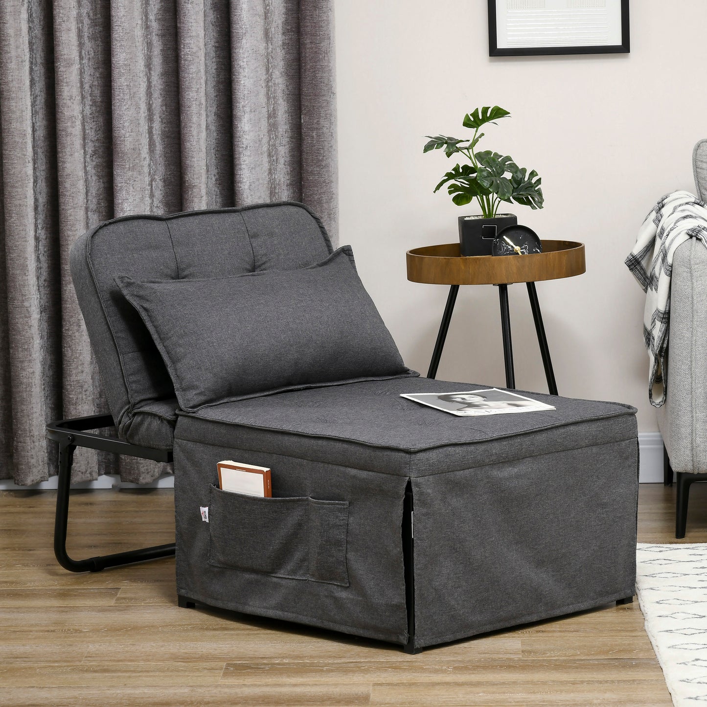 HOMCOM abric Sleeper Chair, Folding Chair Bed with Adjustable Backrest, Pillow, Side Pockets for Living Room, Charcoal Grey