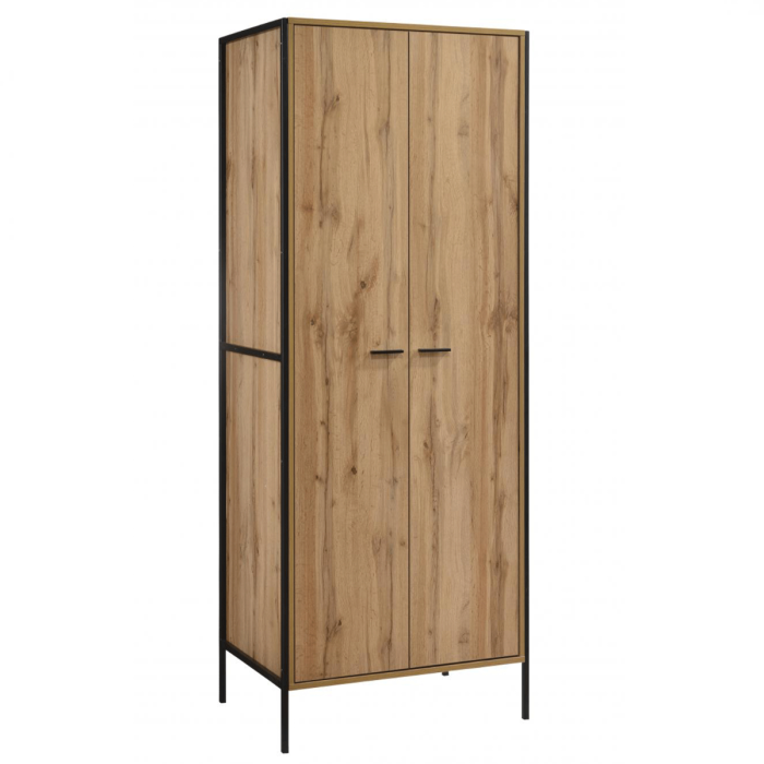 Wenatchee 2-Door Oak Effect Wardrobe with Black Metal Frame - Natural Finish - Nestium