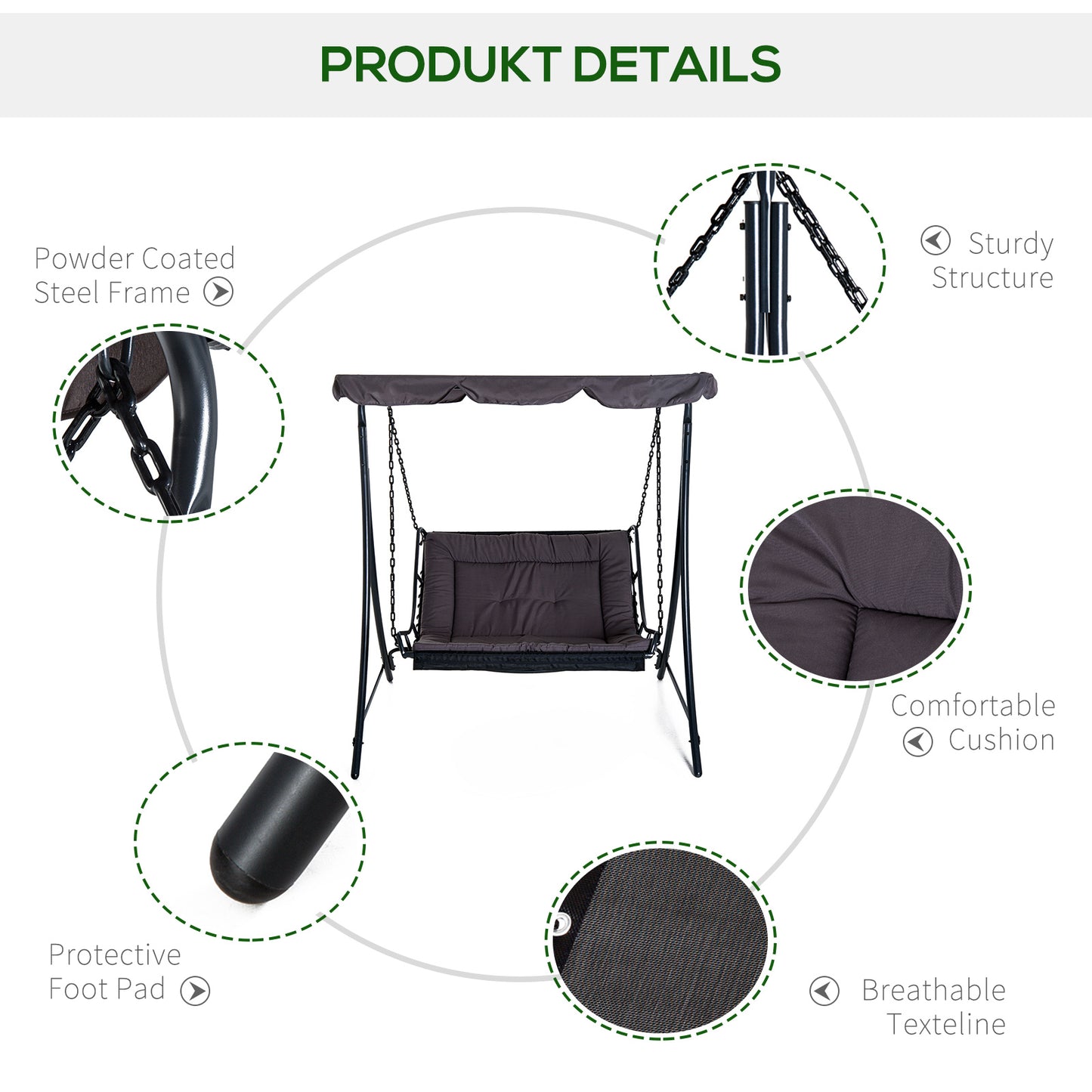 Outsunny 2 Seater Garden Swing Seat Bed, Sun Lounger with Adjustable Canopy, Cushioned Seat and Weather Resistant Steel Frame for Patio, Yard, Grey