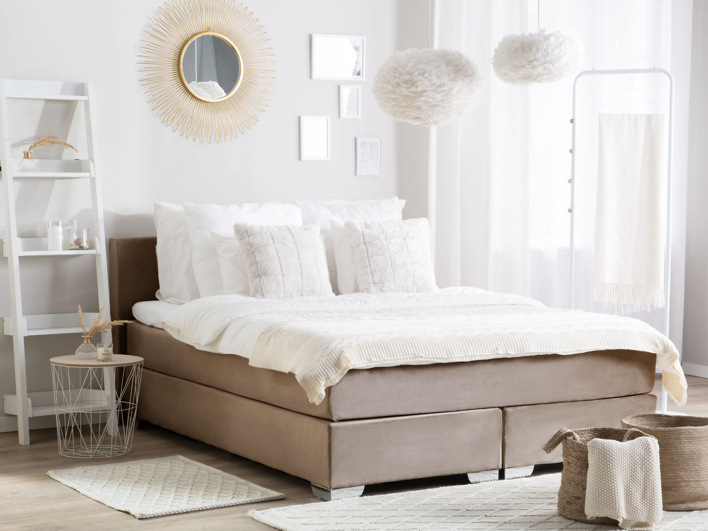 Beige Velvet Super King Divan Bed with Tufted Headrest & Mattress
