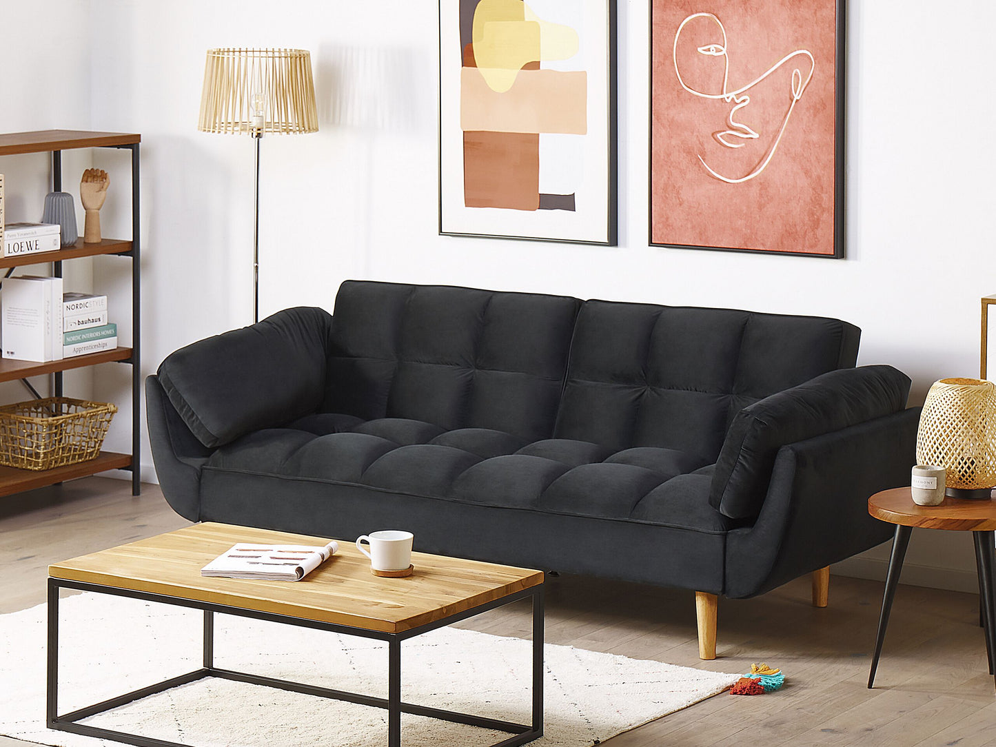 Black Velvet 3-Seater Sofa Bed with Split Back & Wooden Legs
