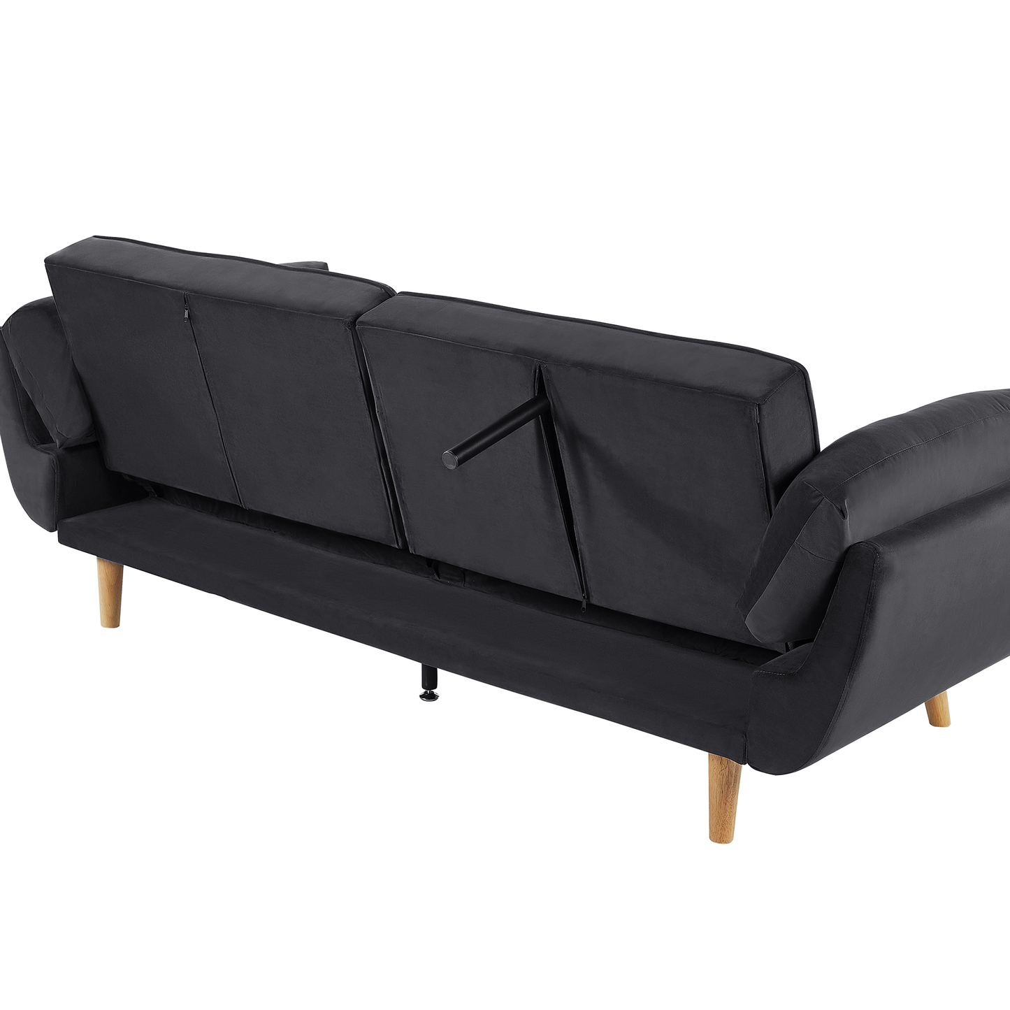 Black Velvet 3-Seater Sofa Bed with Split Back & Wooden Legs