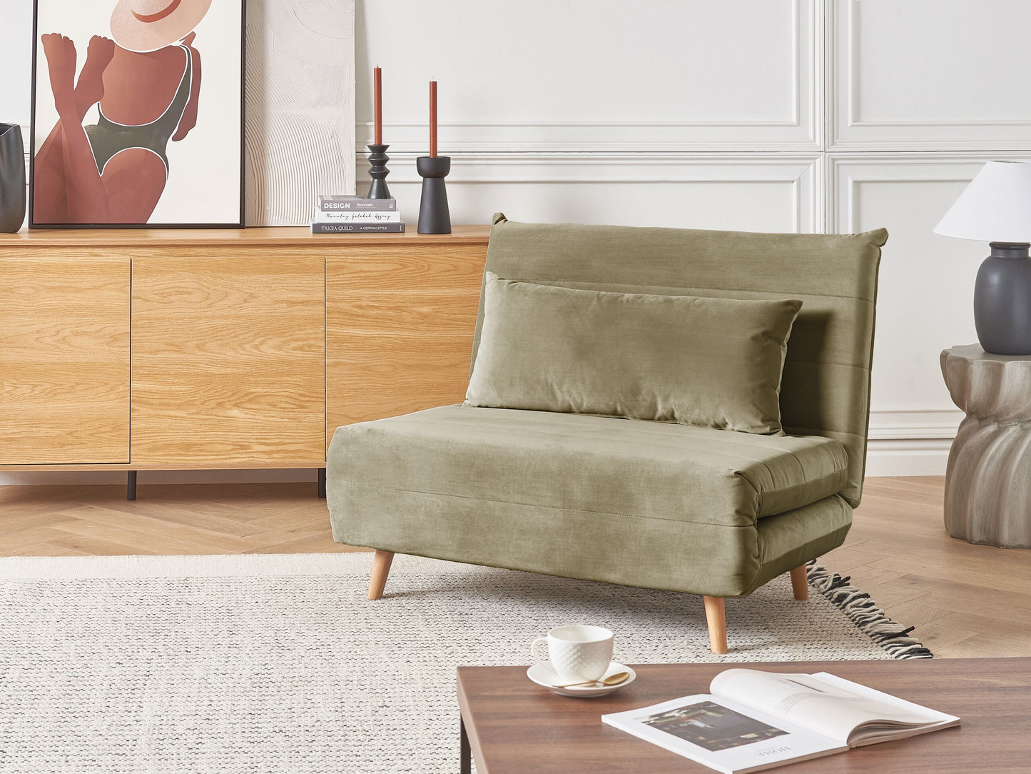 Olive Green Velvet 1-Seater Sofa Bed with Wooden Legs
